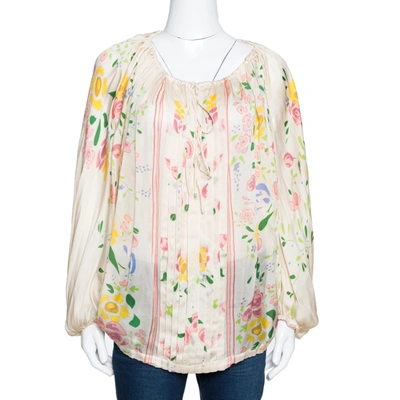 Pre-owned Roberto Cavalli Cream Floral Print Silk Sheer Kaftan Top M