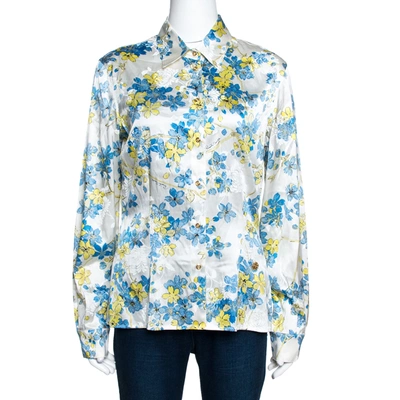 Pre-owned Roberto Cavalli White Floral Printed Stretch Silk Button Front Shirt L