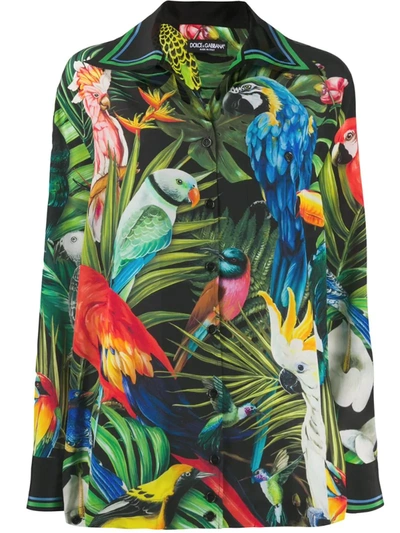 Dolce & Gabbana Oversized Shirt In Crêpe De Chine With Parrot Print In Multicolour