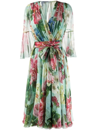 Dolce & Gabbana Crossed Chiffon Midi Dress With Floral Ombre Print In Green