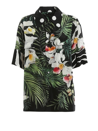 Dolce & Gabbana Oversized Short-sleeved Shirt In Twill With Jungle Print In Multicolour