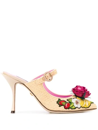 Dolce & Gabbana Braided Raffia Mules With Floral Embroidery In Neutrals