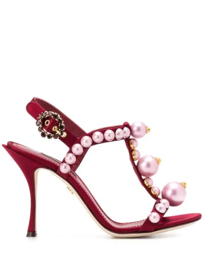 Dolce & Gabbana Bejeweled Satin Sandals With Pearl Embroidery In Red