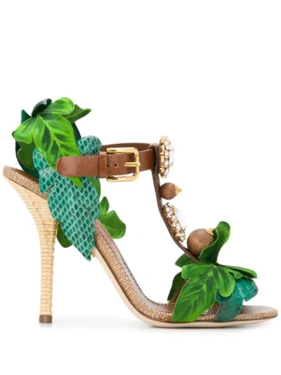 Dolce & Gabbana Sandals In Cowhide With Leaf Appliqué And Bejeweled Embroidery In Green
