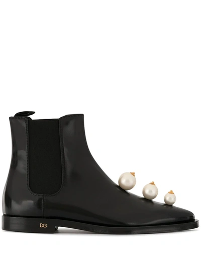 Dolce & Gabbana Polished Calfskin Chelsea Boots With Pearl Embroidery In Black