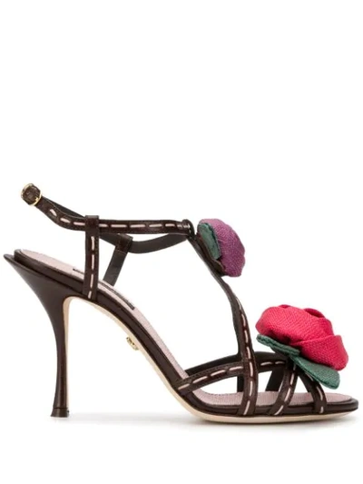 Dolce & Gabbana Sandals In Polished Cowhide With Rose Appliqué In Brown