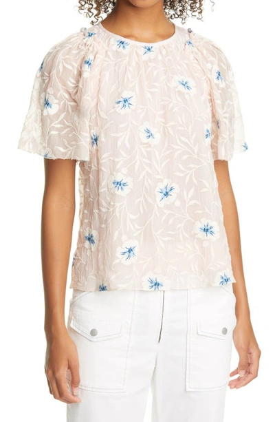 Rebecca Taylor Trellis Embroidered Top In Peach Combo