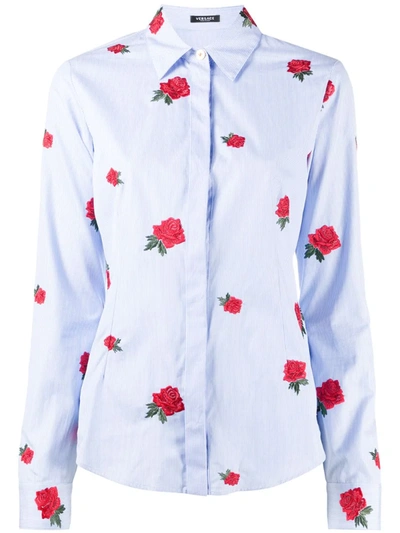 Versace Rose Embroidered Blouse In Blue