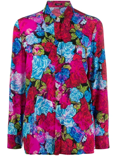 Versace Tie-dye Rose Print Button-down Silk Shirt In Multicolour