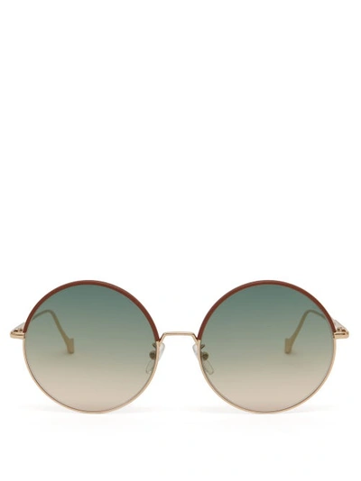 Loewe Leather-trimmed Round Metal Sunglasses In Gr Turquoise Sand Brown