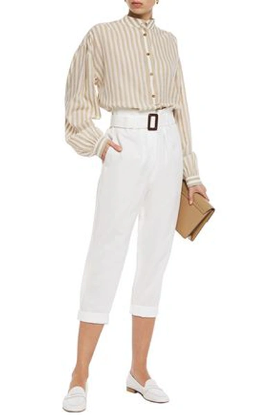 Brunello Cucinelli Cropped Belted Linen And Cotton-blend Tapered Pants In Ivory