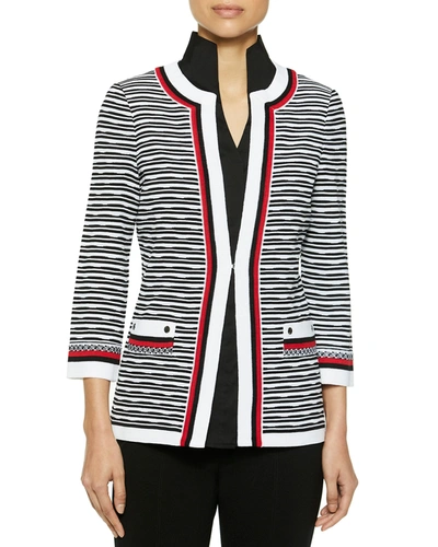Misook Contrast Trim Textured Knit Jacket In Wht/a.red/blk