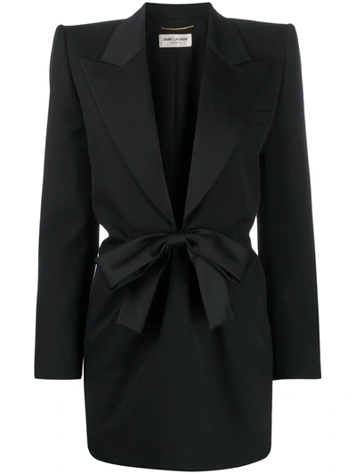 Saint Laurent Wool Grain De Poudre Mini Dress W/ Bow In Black