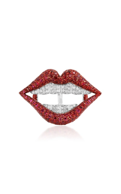 Aisha Baker Lip Lock Twinke 18k White Gold; Diamond And Ruby Ring In Red