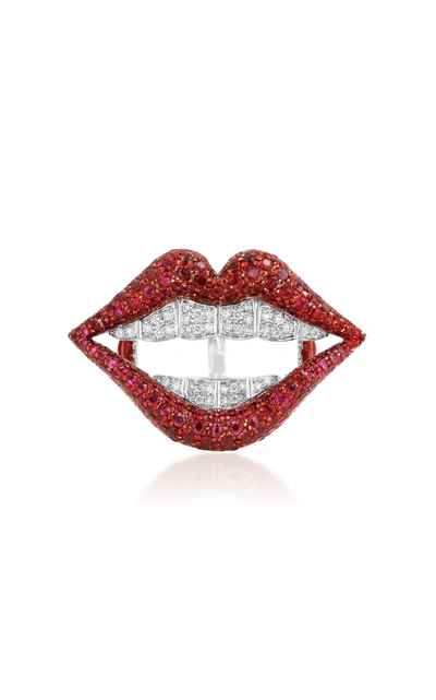 Aisha Baker Lip Lock Twinke 18k White Gold, Diamond And Ruby Ring In Red