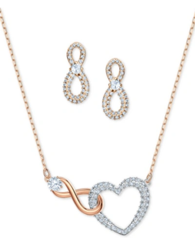 Swarovski Ladies Two Tone Heart And Infinity Symbol Pendant Necklace And Stud Earrings Set In Two Tone  / White