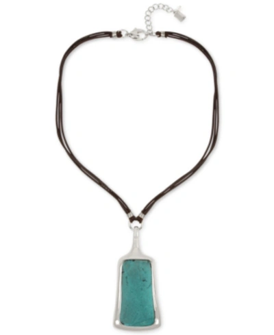 Robert Lee Morris Soho Silver-tone Patina Disk & Leather Strap Statement Necklace, 18" + 2" Extender In Blue