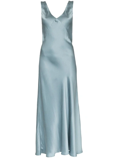 Asceno Bordeaux Dust Blue Silk Slip Dress In Printed