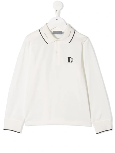 Baby Dior Kids' Cotton Long Sleeve Polo Shirt In White