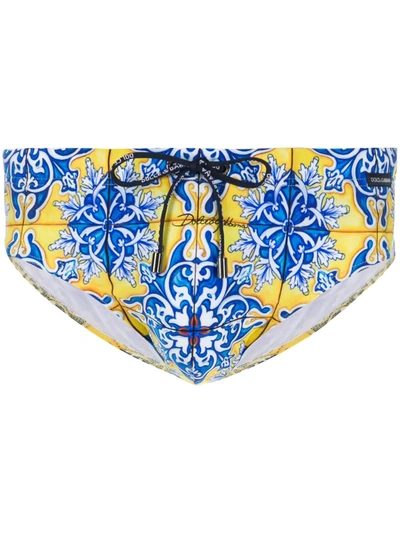 Dolce & Gabbana Swimming Briefs With Maiolica Print On A Yellow Background In Blue