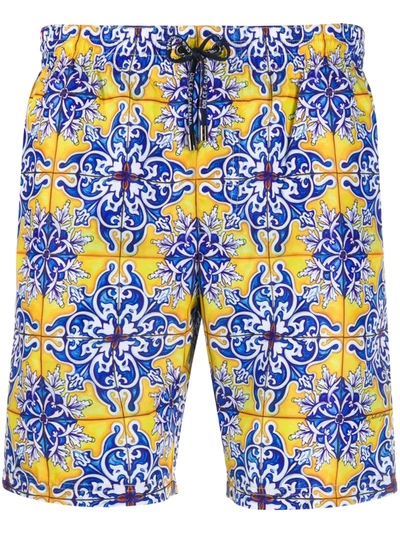Dolce & Gabbana Medium Swimming Trunks With Maiolica Print On A Yellow Background In Multicolor