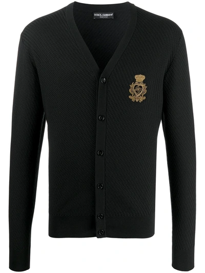 Dolce & Gabbana Button-up Cardigan In Silk And Cotton With Patch In Black
