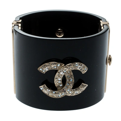 Pre-owned Chanel Cc Crystal Studded Black Gold Tone Wide Cuff Bracelet