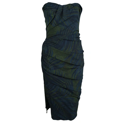 Pre-owned Lanvin Bottle Green Palm Leaf Print Strapless Ruched Midi Dress M