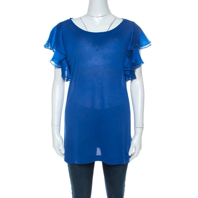 Pre-owned Gucci Blue Jersey And Silk Ruffled Sleeve Top S