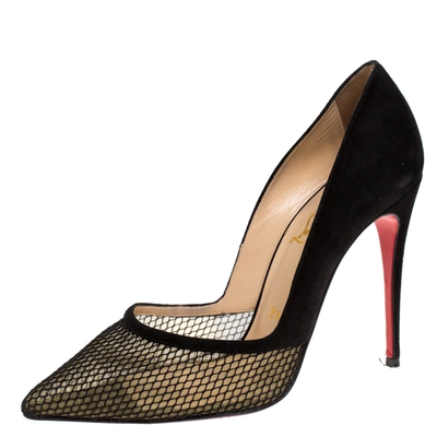Pre-owned Christian Louboutin Black Suede And Mesh Pointed Toe Pumps Size 37