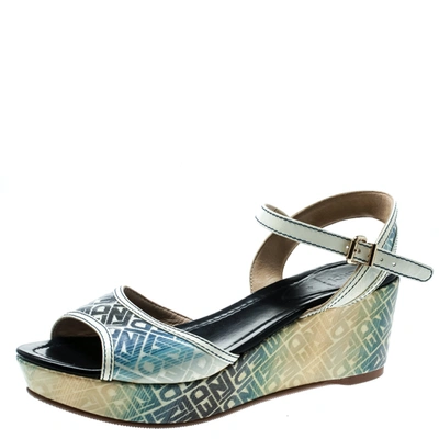 Pre-owned Fendi Multicolor Printed Canvas And Leather Trim Platform Wedge Sandals Size 41