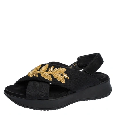 Pre-owned Burberry Black/gold Embroidered Fabric And Satin Actonshire Crisscross Sandals Size 37.5