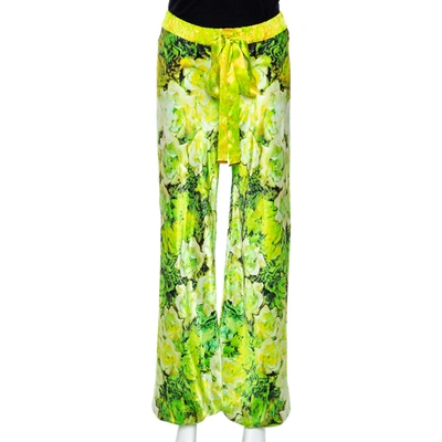 Pre-owned Roberto Cavalli Light Green Floral Printed Silk Pants M