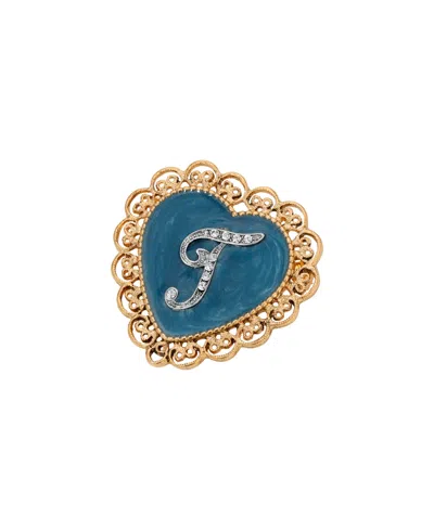 2028 Crystal Gold-tone Initial Filigree Heart Blue Enamel Pin