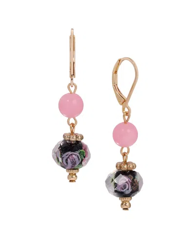 2028 Gold-tone Rose Quartz And Black Glass Bead Rose-motif Drop Earrings In Multi