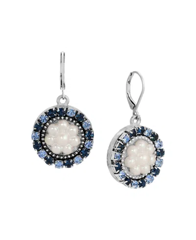 2028 Imitation Pearl And Crystal Silver-tone Blue Floral Drop Earrings
