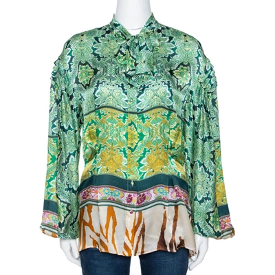 Pre-owned Roberto Cavalli Green Floral Paisley Printed Silk Blouse M