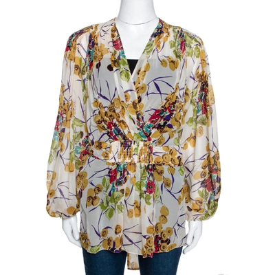 Pre-owned Roberto Cavalli Multicolor Silk Georgette Floral Print Faux Wrap Blouse M