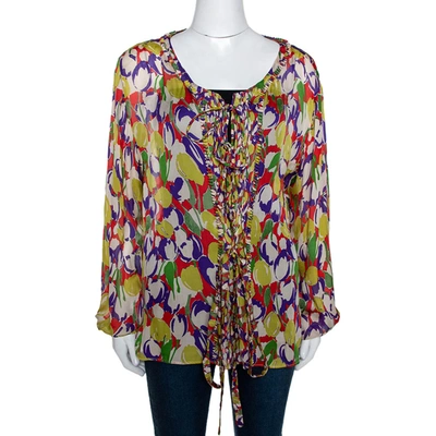 Pre-owned Roberto Cavalli Multicolor Tulip Print Silk Sheer Blouse M