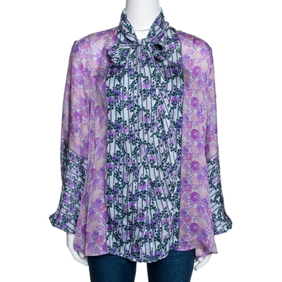 Pre-owned Roberto Cavalli Purple Floral Print Silk Sheer Blouse L