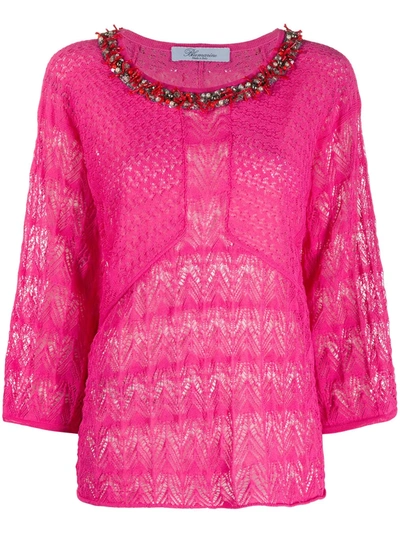 Blumarine Embellished Decorative Knit Blouse In Pink