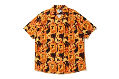 Pre-owned Bape  Flame Open Collar Shirt Orange