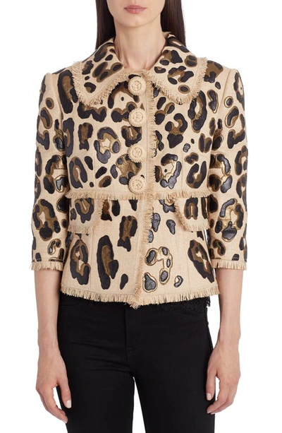 Dolce & Gabbana Short Single-breasted Leather Jacket With Leopard Print Embroidery In Black