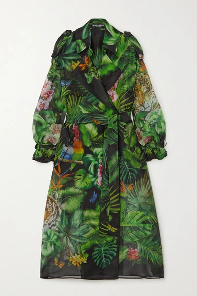 Dolce & Gabbana Organza Trench Coat With Jungle Forest Print In Green