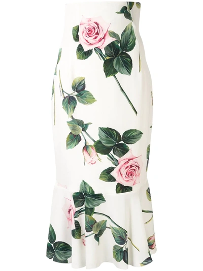 Dolce & Gabbana Midi Pencil Skirt In Tropical Rose Print Charmeuse In White