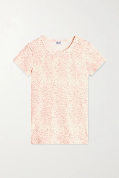 Leset Jamie Leopard-print Ribbed Stretch-modal T-shirt In Blush