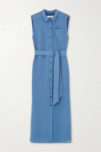 Cefinn Ursula Belted Pinstriped Voile Midi Shirt Dress In Blue