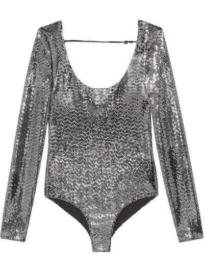 Gucci Patent Leather-trimmed Sequined Stretch-jersey Bodysuit In Black