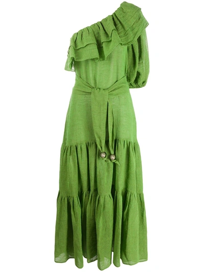 Lisa Marie Fernandez Arden Ruffled One-sleeve Organic Linen-blend Gauze Maxi Dress In Green