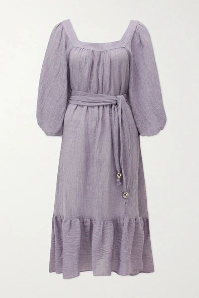 Lisa Marie Fernandez Laure Belted Organic Linen-blend Gauze Midi Dress In Lavender